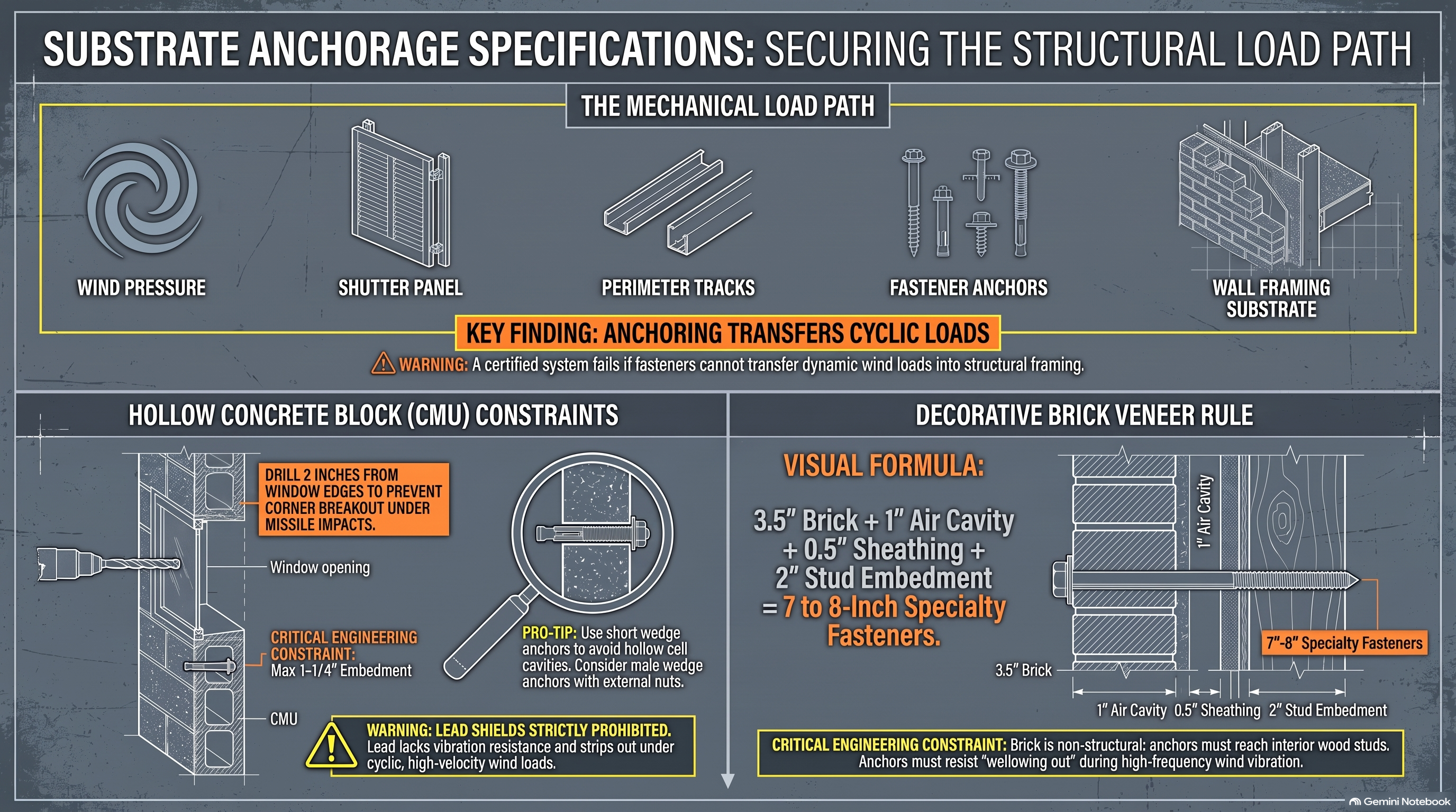 Substrate anchorage specifications: CMU embedment limits, 2-inch edge distance, and the brick-veneer load path